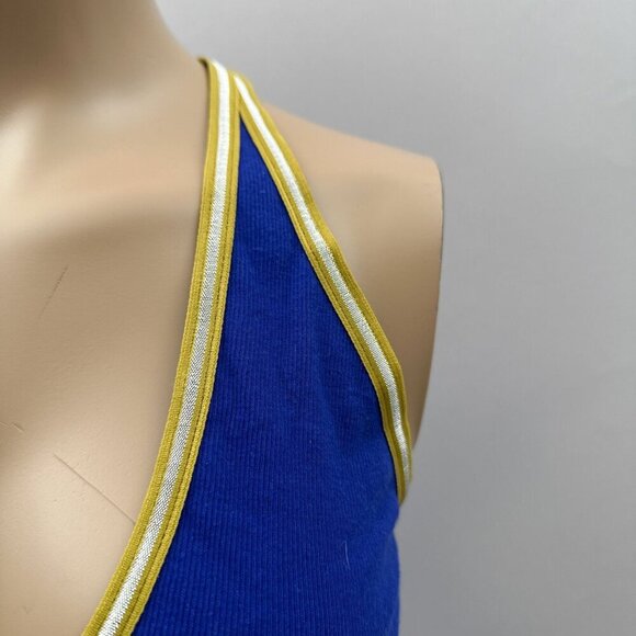 Anthropologie U-Neck Stretch T-Back Sports Bra Top Blue White Yellow Trim Size S - Picture 5 of 7